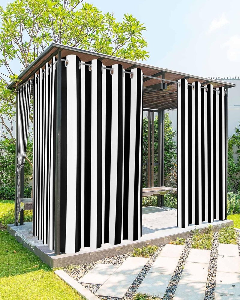 BABE MAPS Striped Outdoor Curtains for Patio Waterproof Weatherproof,Black and White Outdoor Curtains,Sun Blocking Privacy Grommet Outside Curtains Weighted Drapes for Gazebo Porch Pergola,1 Panel,54W x 108L - Image 1